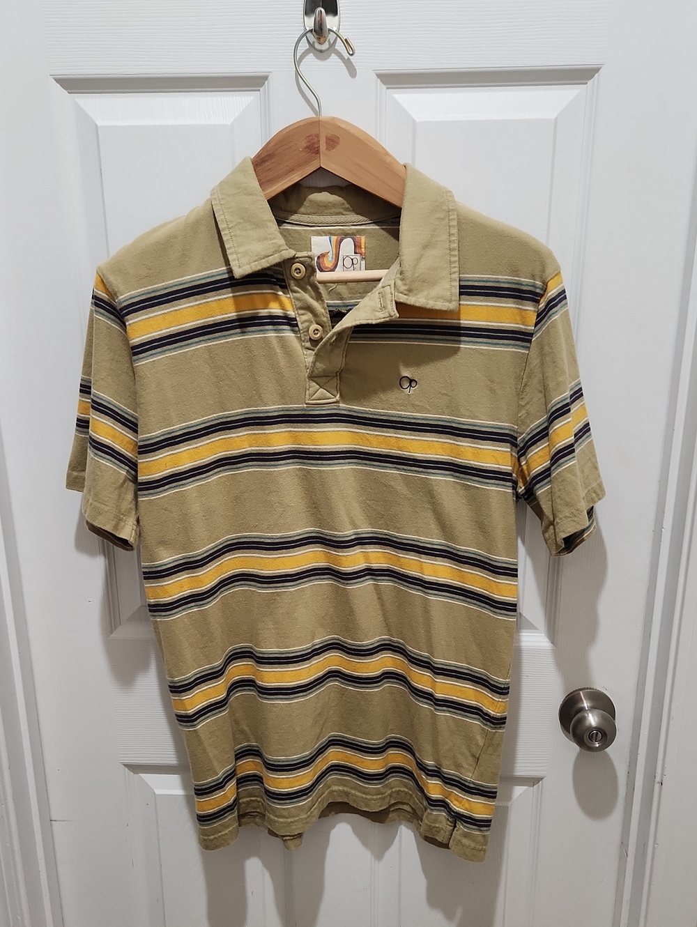 OP Striped Polo in Tan with Yellow & Navy Accents